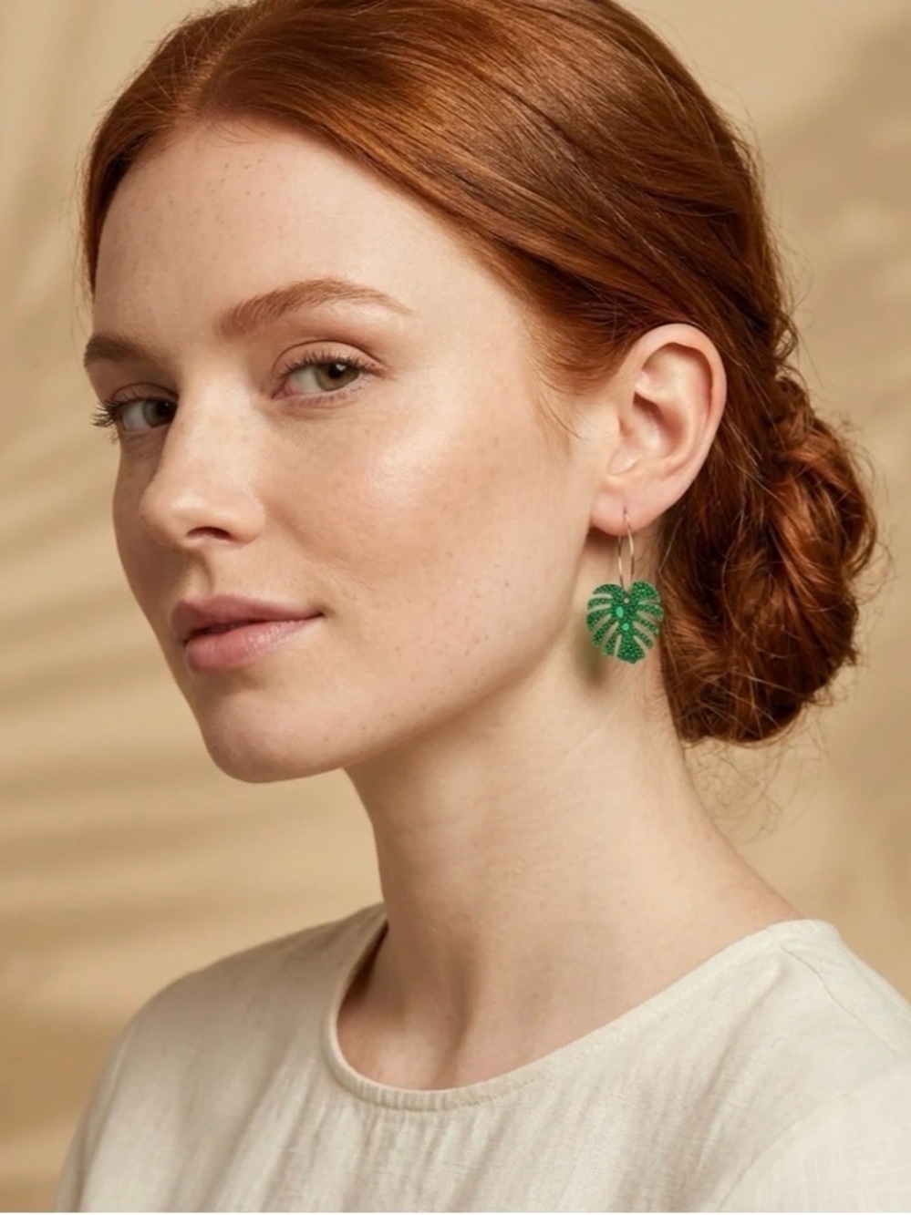 Monstera Hoop Earrings green glitter gold tone hoops NEW in package by Tatyana